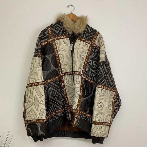 Wissam Geometric Full Zip Leather Bomber Jacket Fur Hood Size XXL - Picture 1 of 5